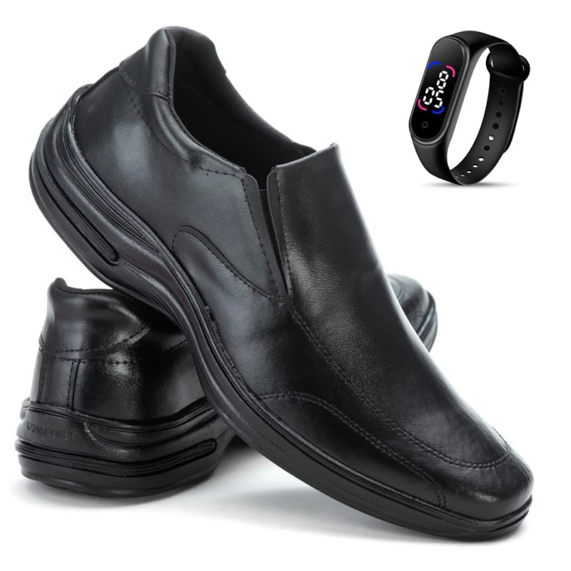 Sapato Social Masculino Ortopédico Macio De Couro Legitimo Costurado Moderno Super Leve Com Elástico Ajustável + Relógio