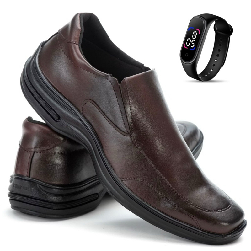Sapato Social Masculino Ortopédico Macio De Couro Legitimo Costurado Moderno Super Leve Com Elástico Ajustável + Relógio