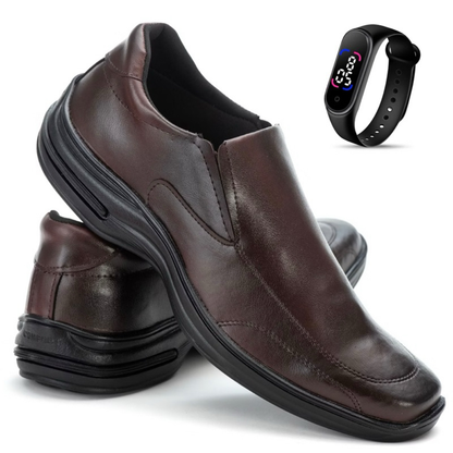 Sapato Social Masculino Ortopédico Macio De Couro Legitimo Costurado Moderno Super Leve Com Elástico Ajustável + Relógio