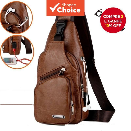 Crazy Bag Masculino Casual Couro Crossbody-Suporte USB E Fone De Ouvido Incluído